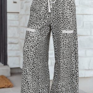 Gray Animal Print Wide Leg Terry Knit Pants