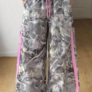 Gray Camo Woodland Print Color Block Detail Drawstring Wide Leg Sweatpants