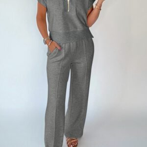 Gray Half Zip Polo Tee Casual Pant Set