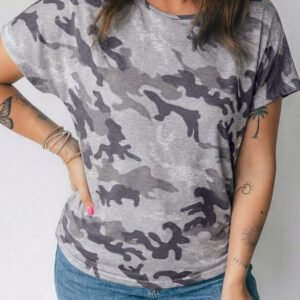 Gray Plus Size Camo Print Casual T Shirt