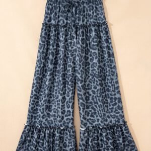 Gray Wild Leopard Print Frilled Detail Drawstring Wide Leg Pants