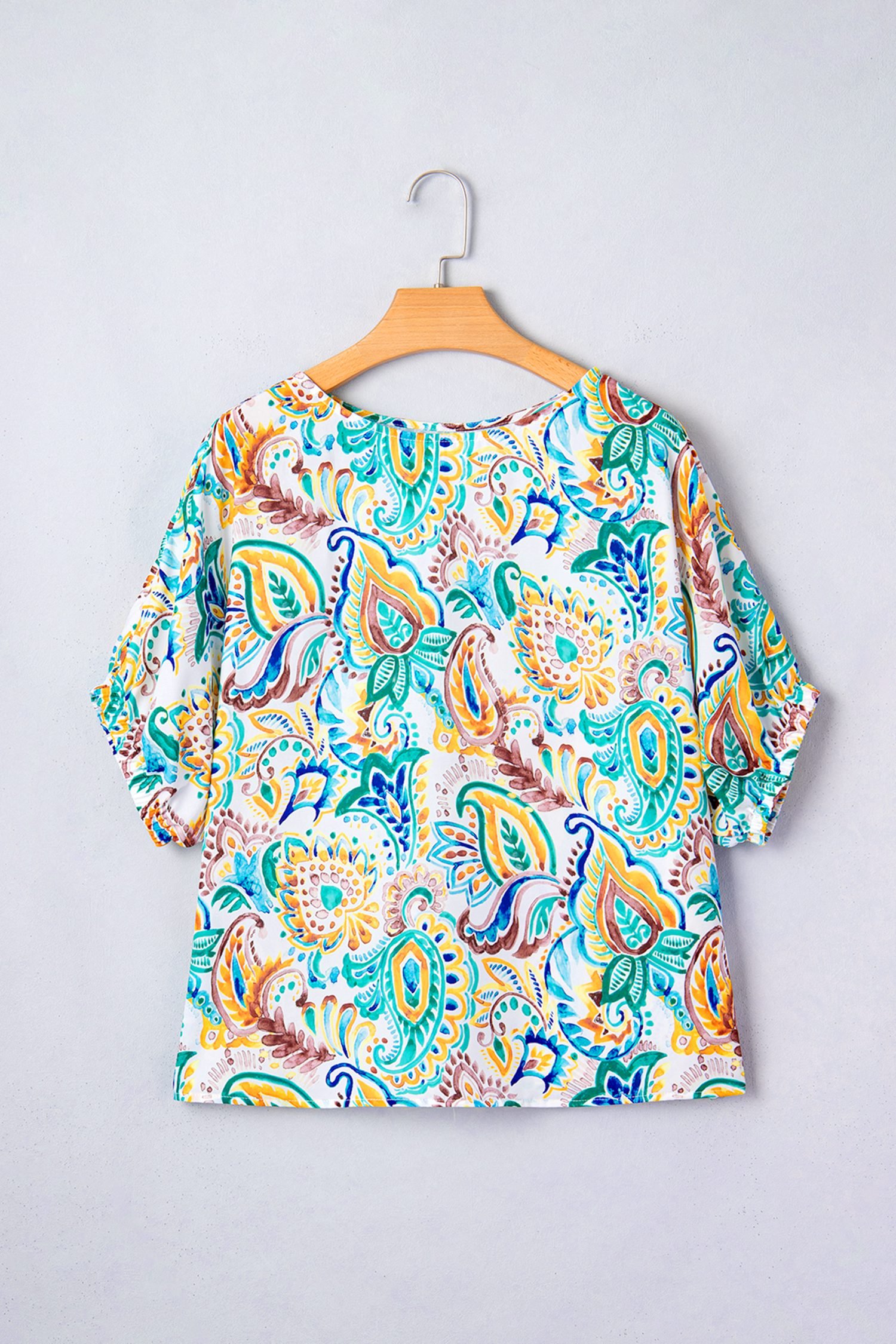 Green Boho Paisley Floral Printed Puff Sleeve Blouse