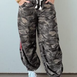 Green Camouflage Print Striped Side Panel Patchwork Drawstring Pants