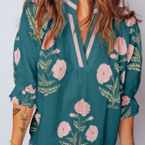 Green Casual Wild Flower Print V Neck 3/4 Sleeve Blouse
