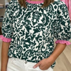 Green Damask Print Ruffled Color Block Detail Half Sleeve Blouse