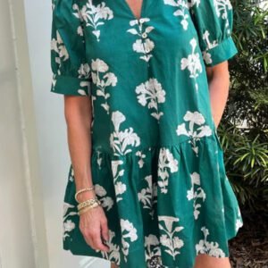 Green Frilled V Neck Puff Short Sleeve Floral Mini Dress