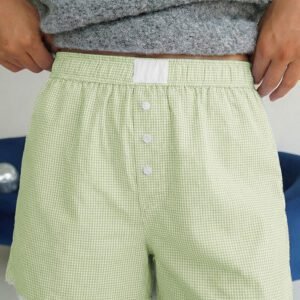 Green Gingham Plaid Button Detail Lace Trim Boxer Shorts