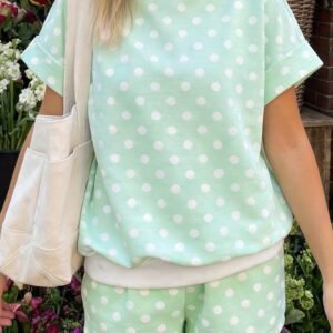 Green Polka Dot Print Color Block Trim Mock Neck Short Set