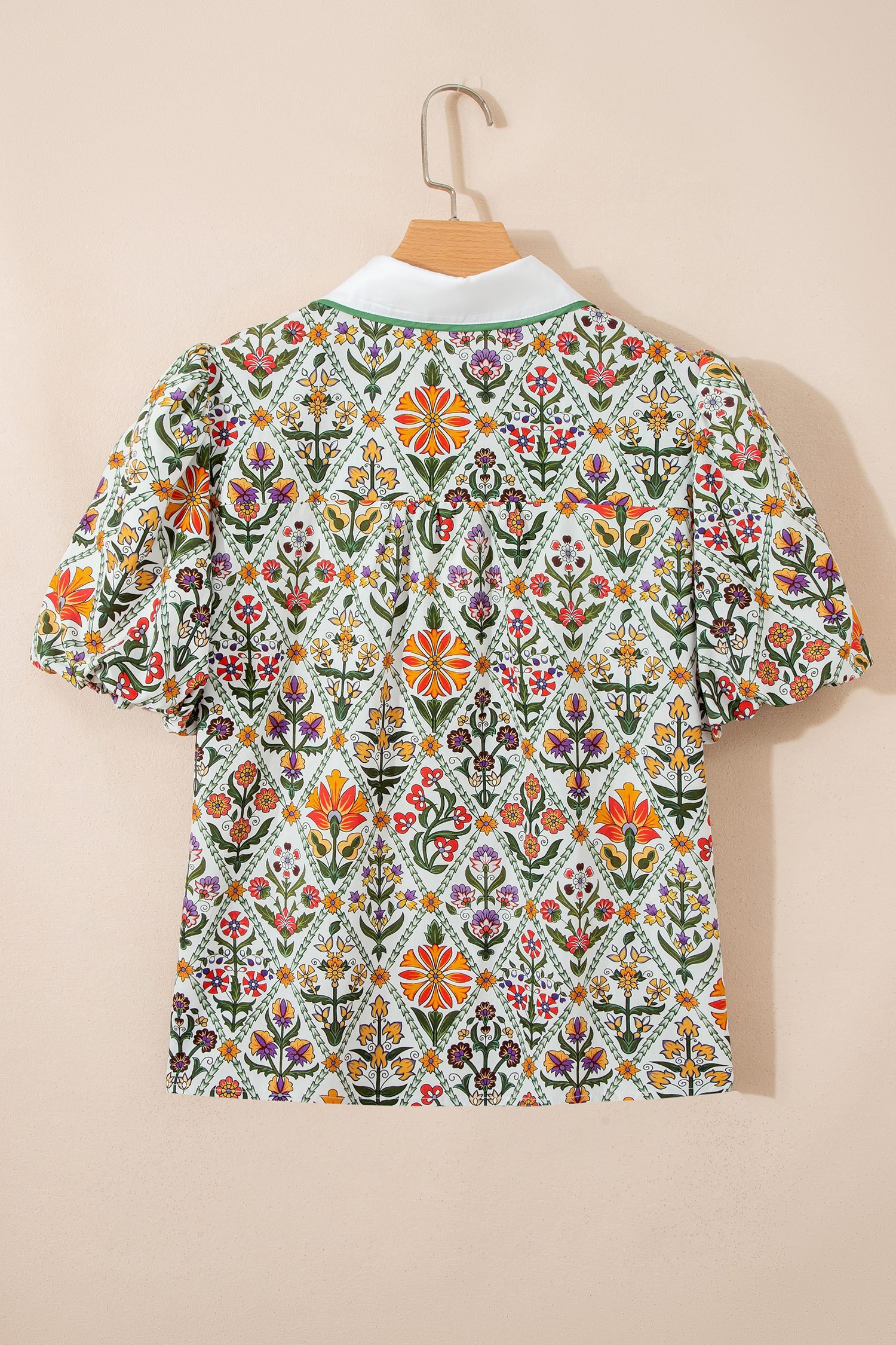Green Short Bubble Sleeve Floral Shirt