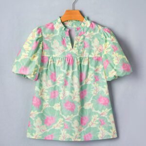 Green Short Bubble Sleeve Summer Floral Blouse