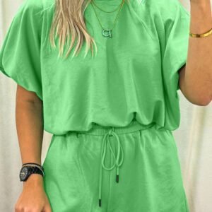 Green Solid Color Puffy Loose Top Drawstring Shorts 2pcs Outfit