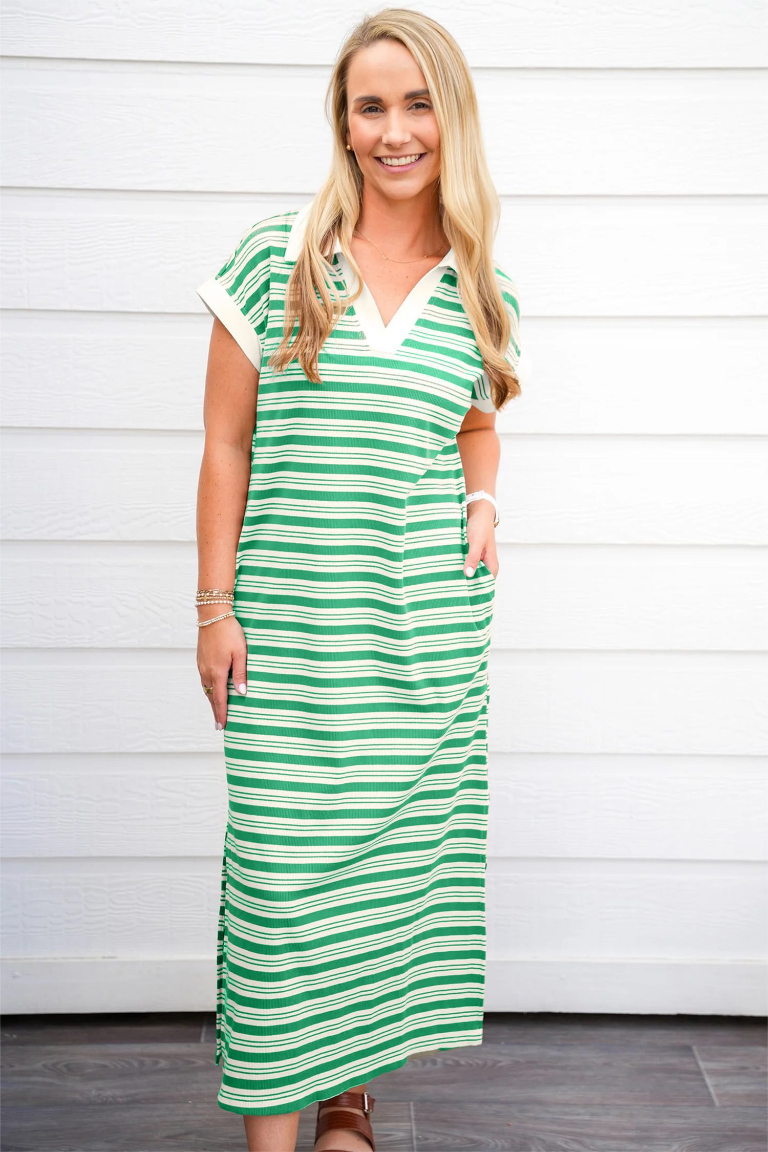 Green Stripe Collared V Neck Short Sleeve T Shirt Midi Dress with Pockets