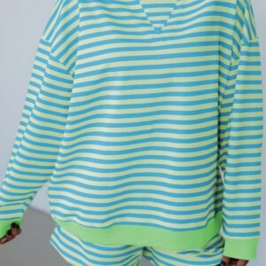 Green Stripe Color Block Detail Long Sleeve Pullover Elastic Waist Pull On Shorts 2pcs Set