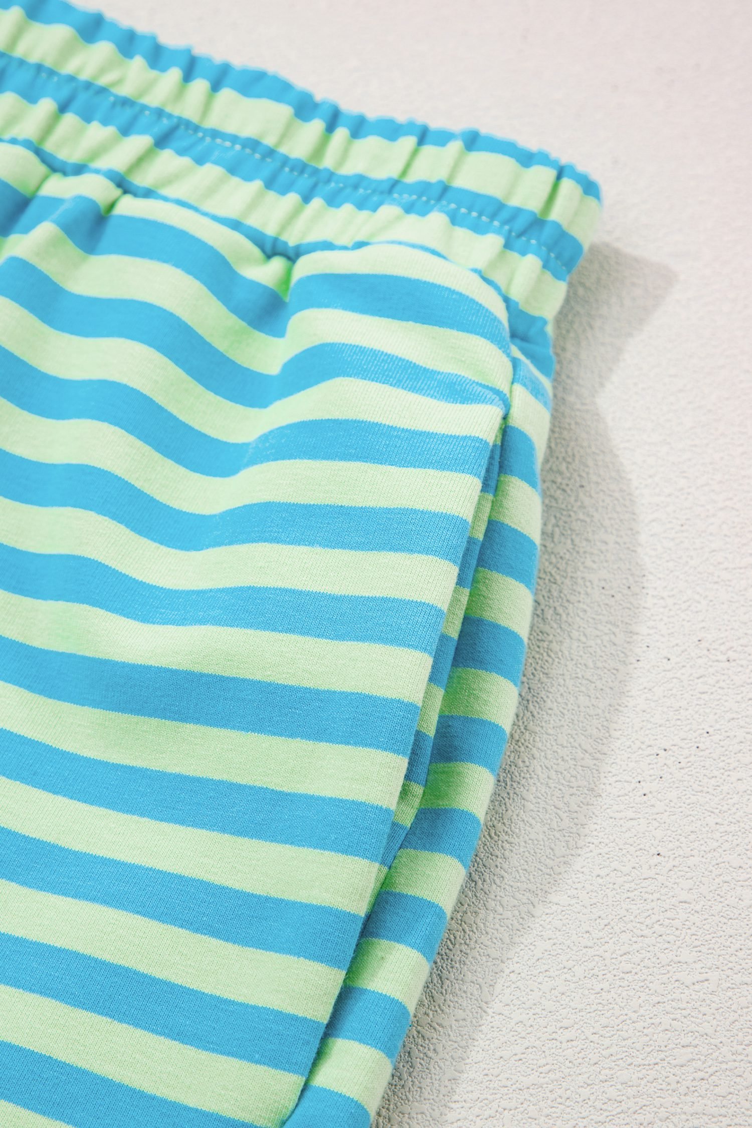 Green Stripe Color Block Detail Long Sleeve Pullover Elastic Waist Pull On Shorts 2pcs Set
