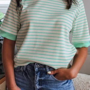 Green Stripe Colorblock Trim Round Neck Short Sleeve Tee