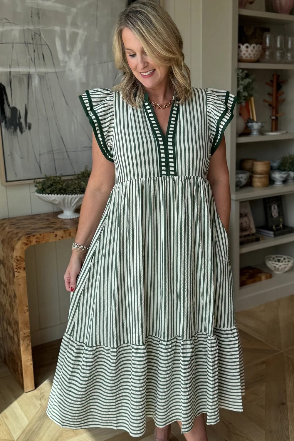 Green Stripe Double Ruffled Short Sleeve Contrast Trim V Neck Midi Dress