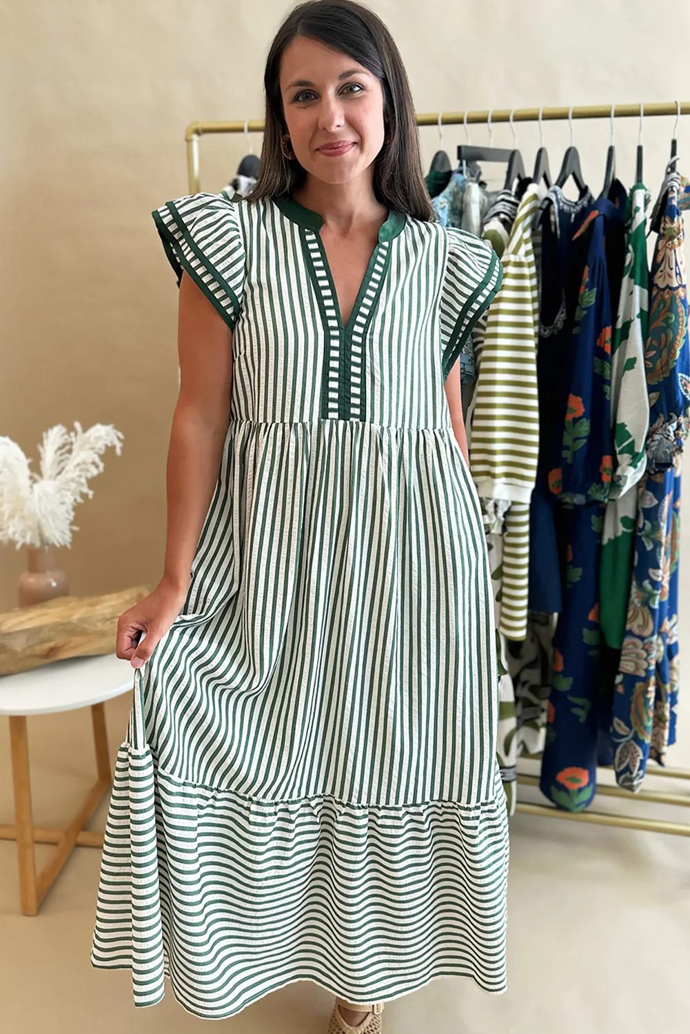Green Stripe Double Ruffled Short Sleeve Contrast Trim V Neck Midi Dress