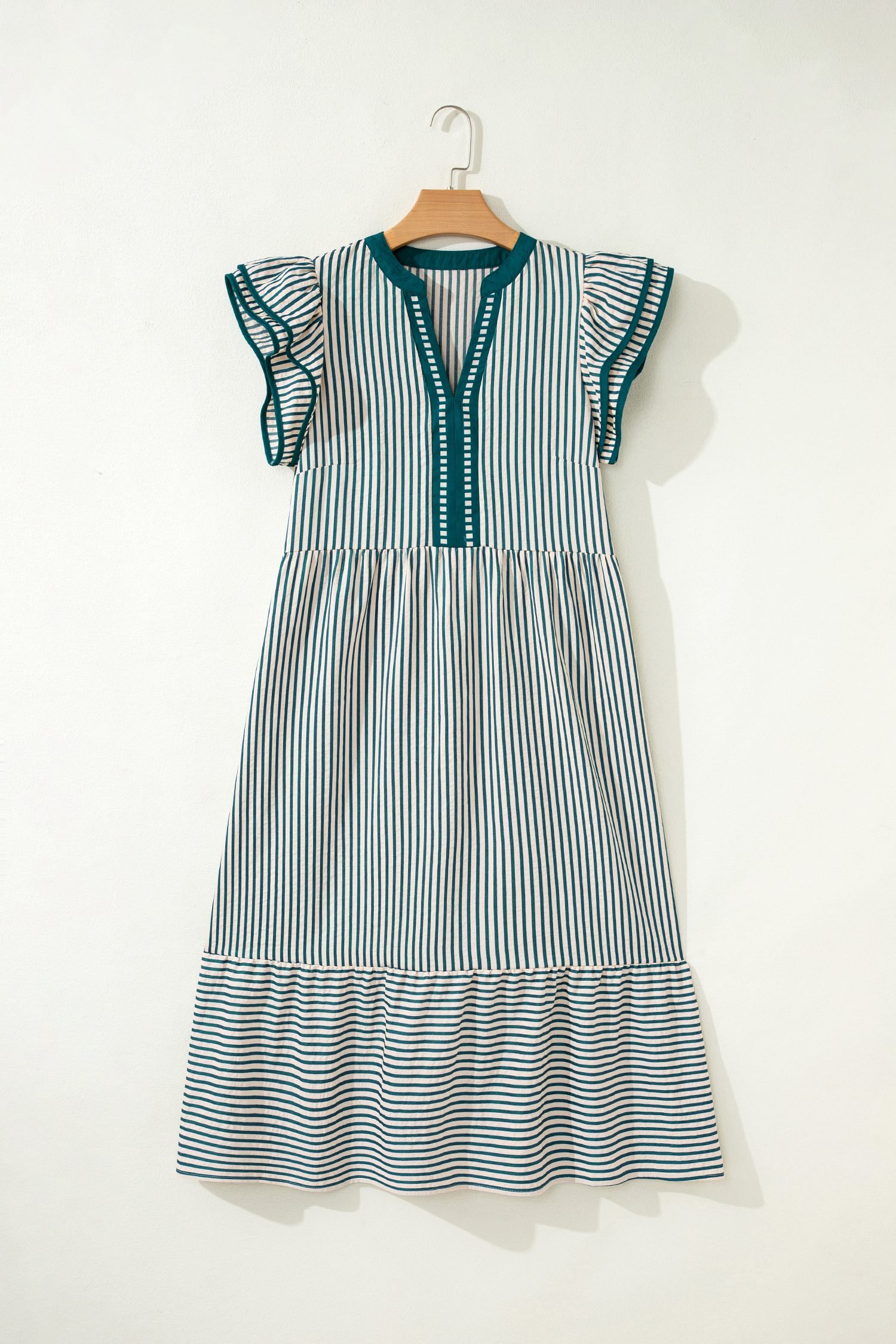 Green Stripe Double Ruffled Short Sleeve Contrast Trim V Neck Midi Dress