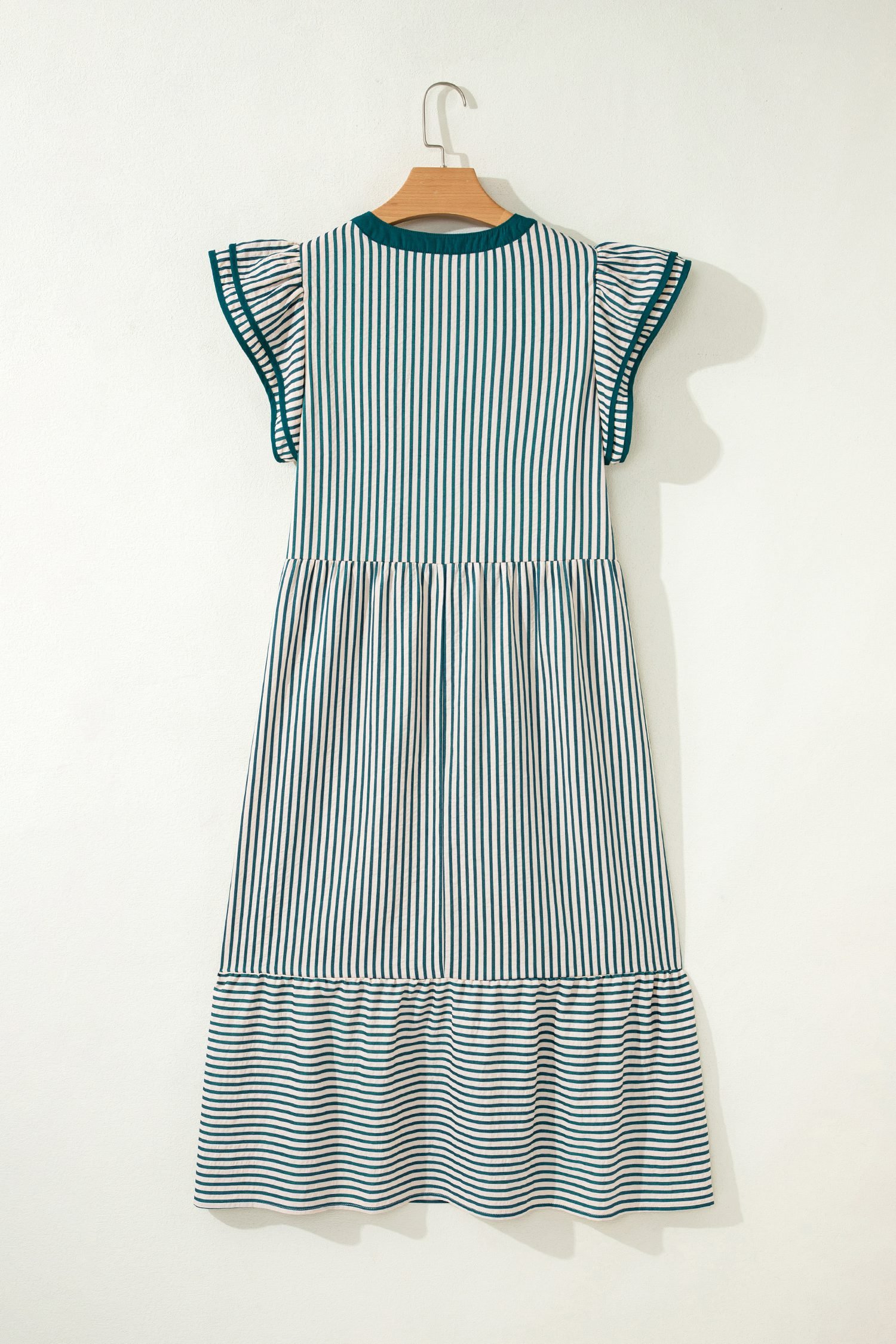 Green Stripe Double Ruffled Short Sleeve Contrast Trim V Neck Midi Dress