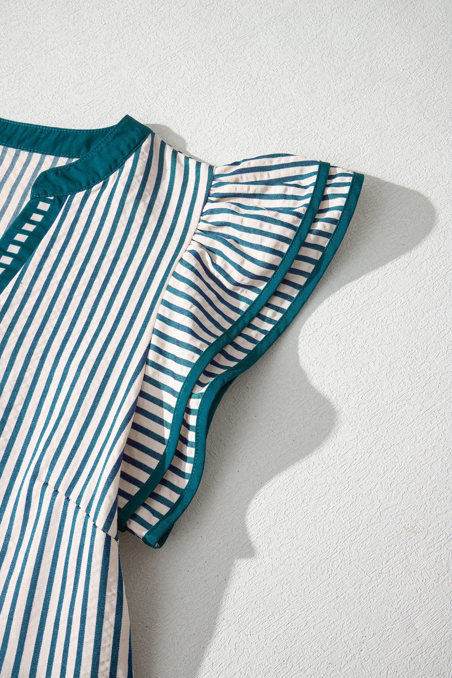 Green Stripe Double Ruffled Short Sleeve Contrast Trim V Neck Midi Dress