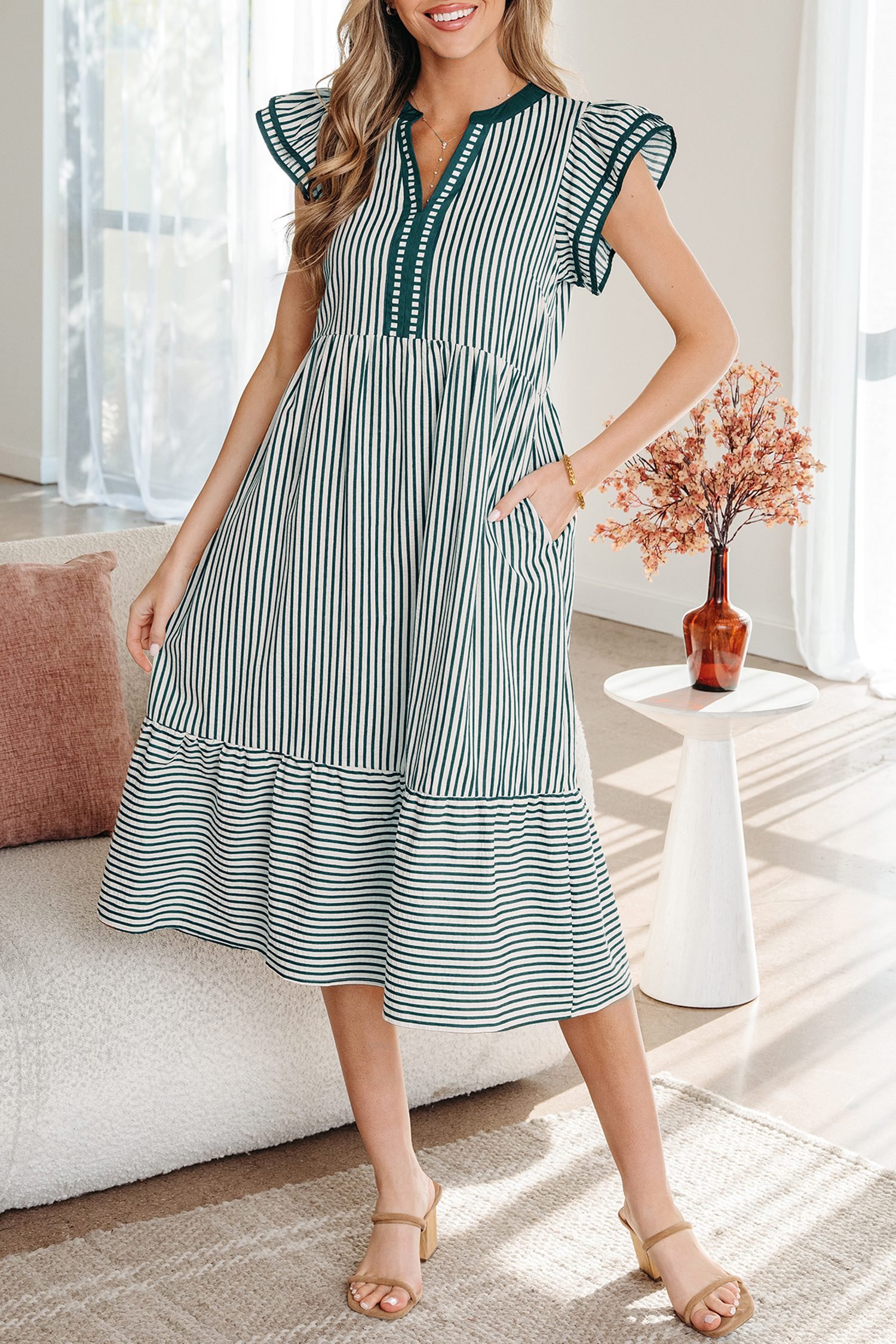 Green Stripe Double Ruffled Short Sleeve Contrast Trim V Neck Midi Dress