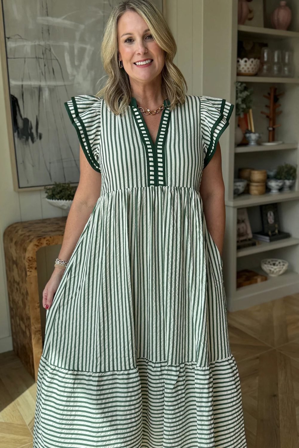 Green Stripe Double Ruffled Short Sleeve Contrast Trim V Neck Midi Dress
