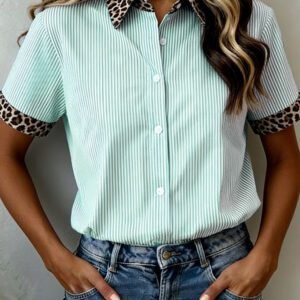 Green Stripe Leopard Contrast Collar Short Sleeve Shirt
