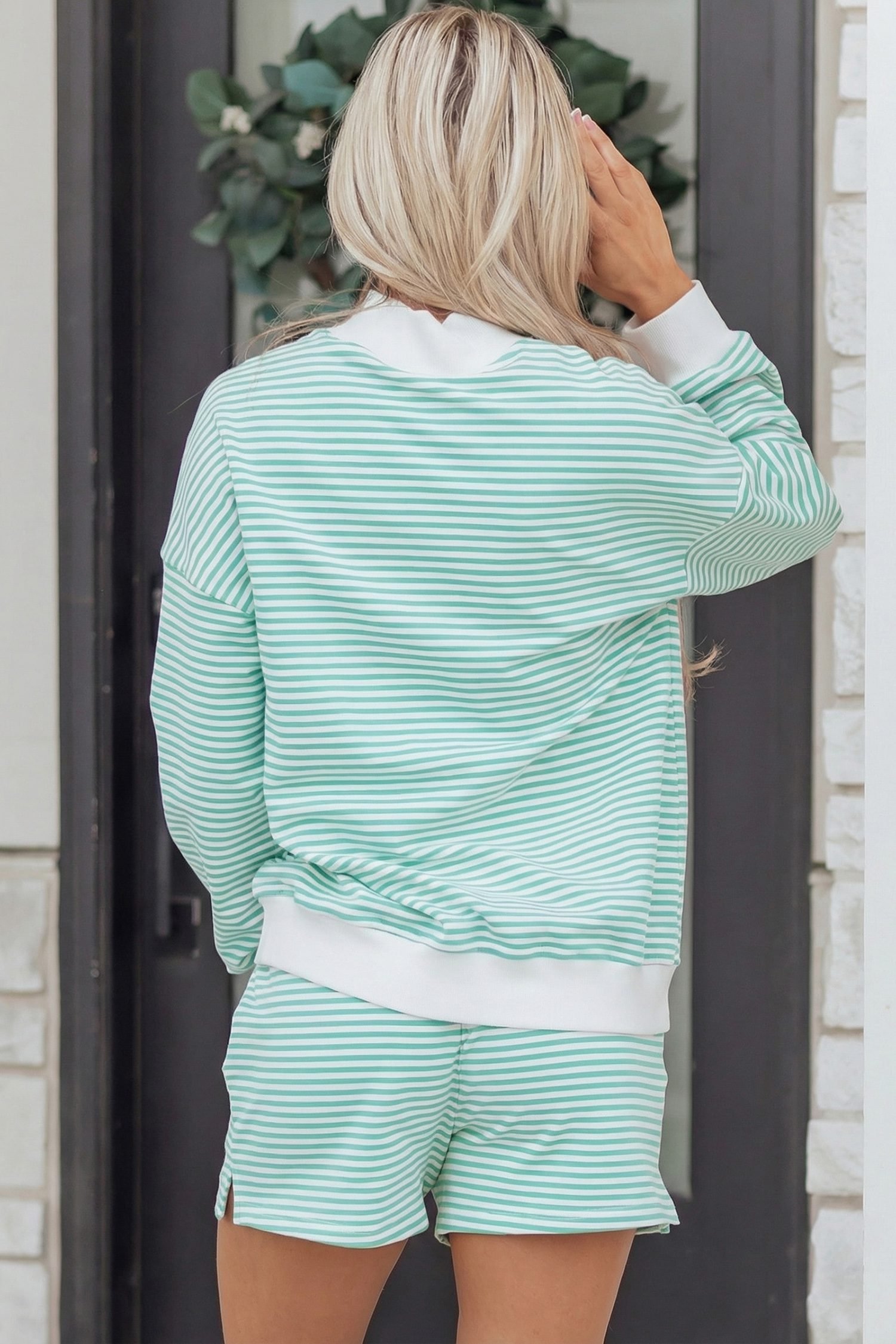 Green Stripe Oversize Mock Neck Sweatshirt and Shorts Set