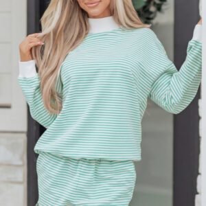Green Stripe Oversize Mock Neck Sweatshirt and Shorts Set