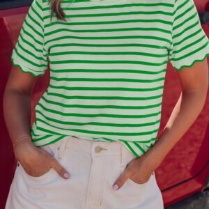 Green Stripe Scalloped Trim Round Neck T Shirt