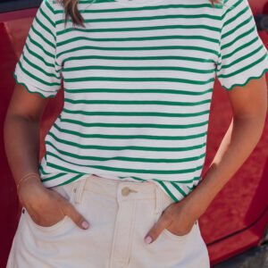 Green Stripe Scalloped Trim Round Neck T Shirt