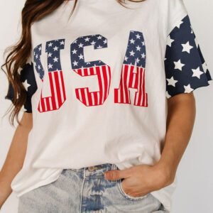 Jet Stream Flag Print USA Graphic Patchwork Casual Tee