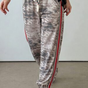 Khaki Camouflage Print Striped Side Panel Patchwork Drawstring Pants