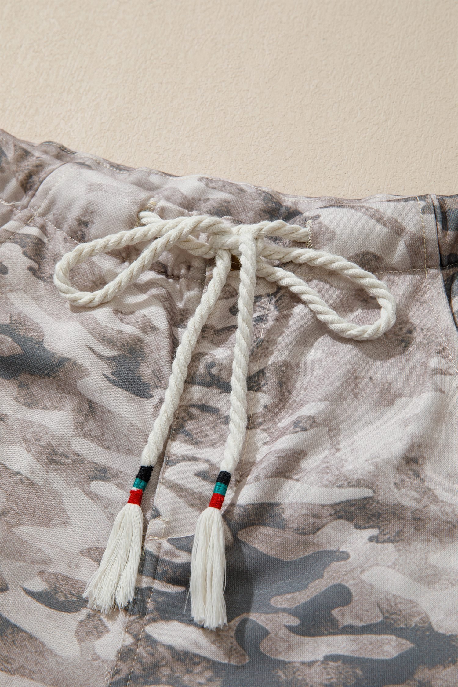 Khaki Camouflage Print Striped Side Panel Patchwork Drawstring Pants