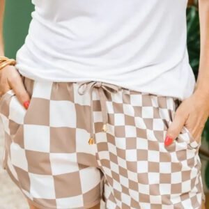Khaki Double Checkered Print Beaded Drawstring Casual Shorts