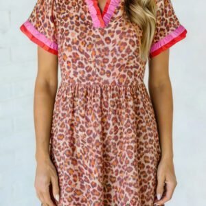 Khaki Leopard High Waist Ruffled Colorblock Trim Short Dress