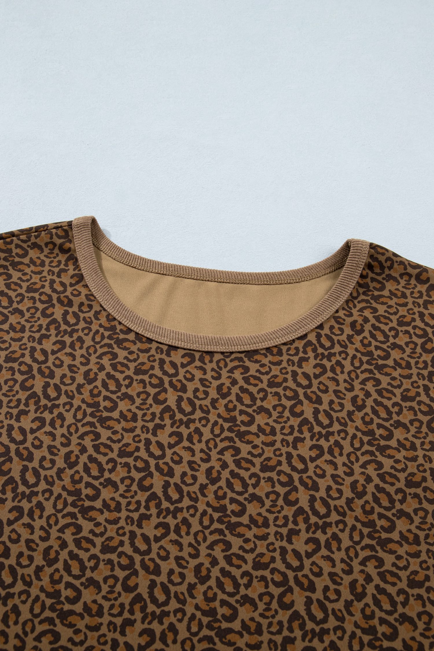 Khaki Plus Size Leopard Print Ribbed Trim Round Neck Tee