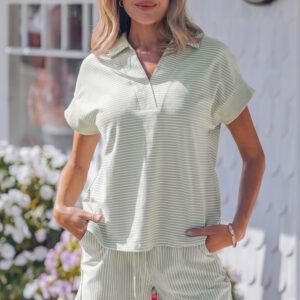Khaki Stripe Dolman Sleeve Polo Shirt and Drawstring Shorts Set
