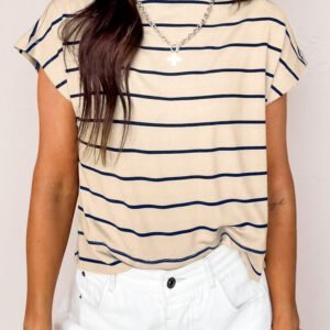 Khaki Stripe Mock Neck Short Sleeve Loose Top
