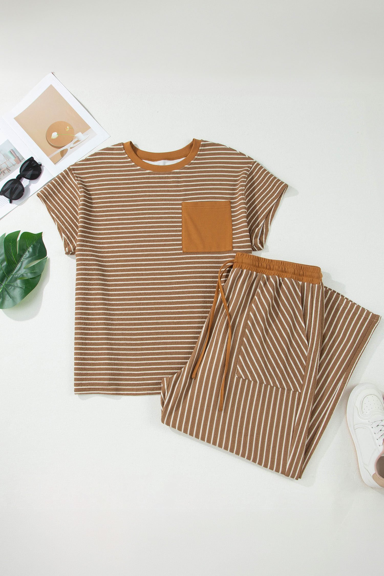 Khaki Stripe Plus Size Striped Colorblock Pocket Lounge Set