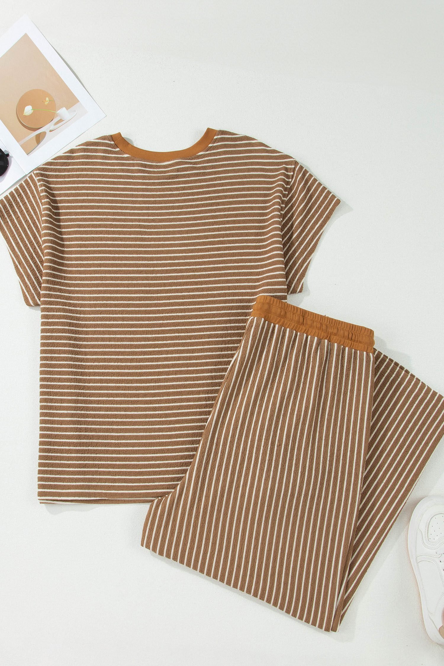 Khaki Stripe Plus Size Striped Colorblock Pocket Lounge Set