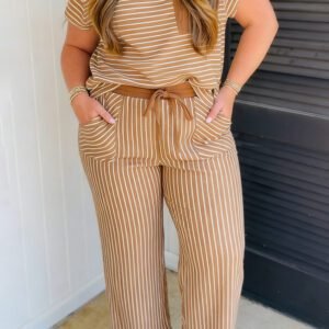 Khaki Stripe Plus Size Striped Colorblock Pocket Lounge Set
