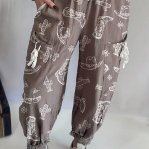 Khaki Western Cactus Cowgirl Hat Boot Printed Vintage Drawstring Jogger Pants