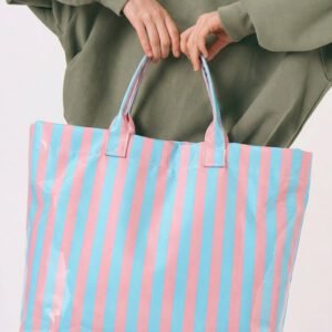 Light Blue Glossy Striped Vinyl Large Tote Bag
