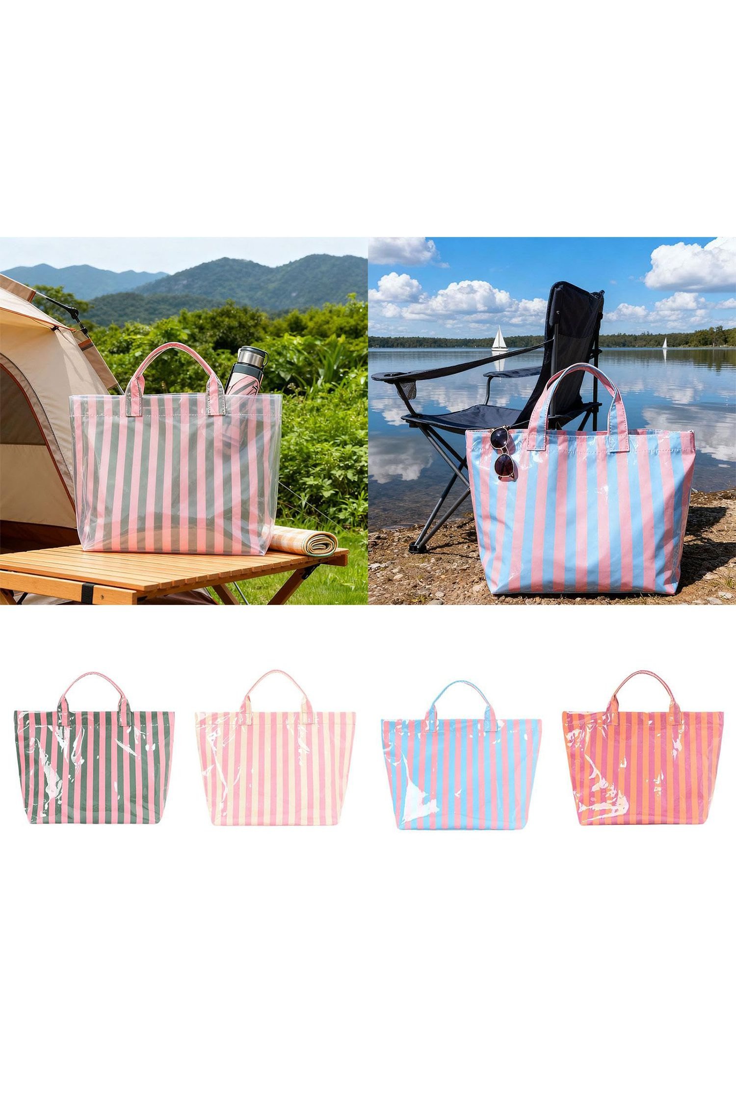 Light Blue Glossy Striped Vinyl Large Tote Bag