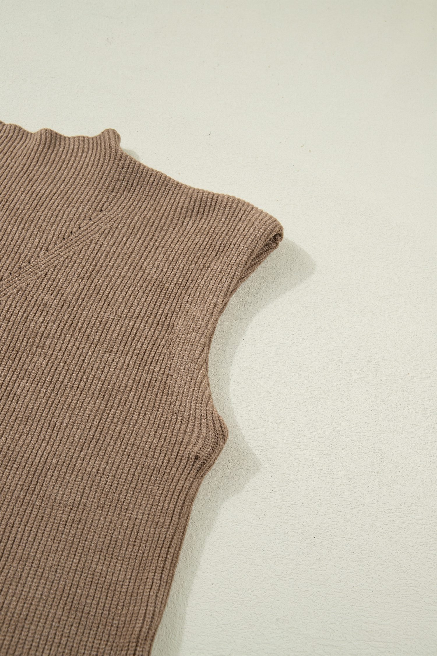 Light French Beige Solid Color Ribbed Knit Mock Neck Loose Sleeveless Sweater