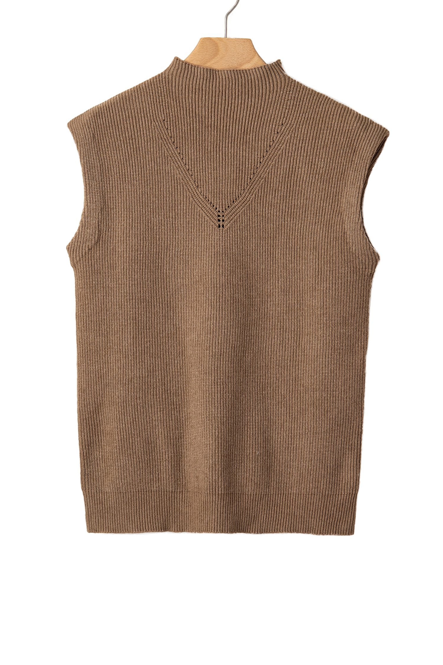 Light French Beige Solid Color Ribbed Knit Mock Neck Loose Sleeveless Sweater