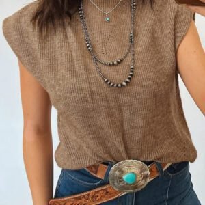 Light French Beige Solid Color Ribbed Knit Mock Neck Loose Sleeveless Sweater