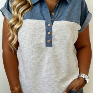 Light Grey Half Buttons Collared Denim Patchwork Plus Short Sleeve Top