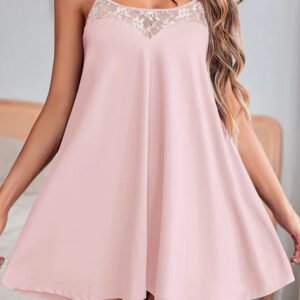 Light Pink Sheer Lace Patchwork Camisole Nightgown Dress